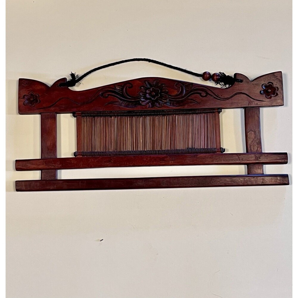 Antique Weaving Looms Reed Fabric Display Hand-Carved Flowers Wood Wall Hanging